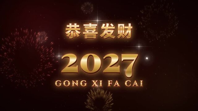 Gong Xi Fa Cai 2027 gold Chinese New Year greeting with fireworks on red background