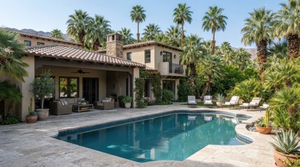Fototapeta premium Luxury spanish style mansion with swimming pool and palm trees