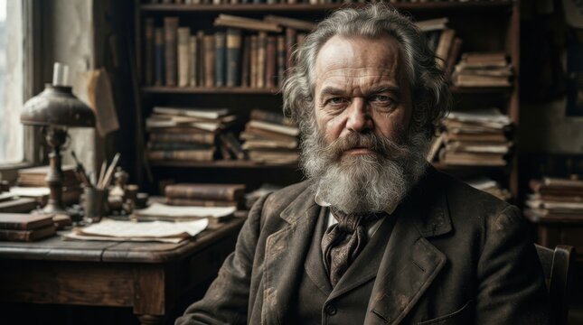 Elderly man with beard in vintage study room with books