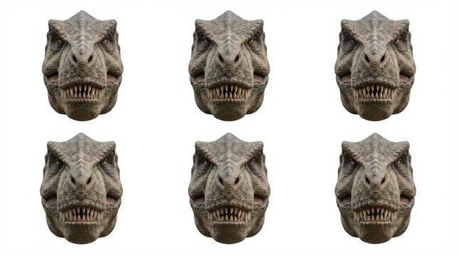 Set of six Tyrannosaurus rex dinosaur heads facing forward