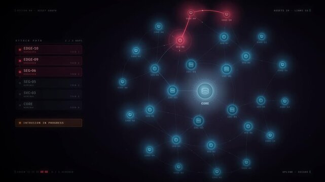 Cyber attack path spreading across a network node graph toward the core server