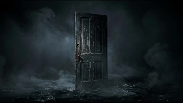 An old wooden door stands upright surrounded by dense fog in the dark. Unlocking deep mystery and supernatural fear in the shadows. Halloween 2026 eerie horror threshold commercial concept.