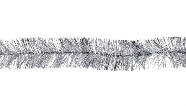 Silver tinsel garland decoration for festive holiday celebrations, shiny metallic texture, wavy festive strip, isolated party element, seasonal winter ornament, bright shimmer&nbsp;