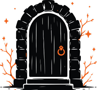 A spooky dark wooden door with stone archway perfect for a mysterious halloween themed graphic design project