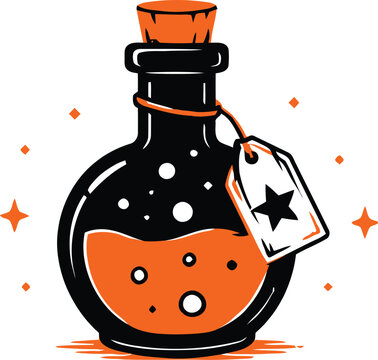 Cute cartoon magic potion bottle with orange liquid for a fun and spooky halloween celebration design element