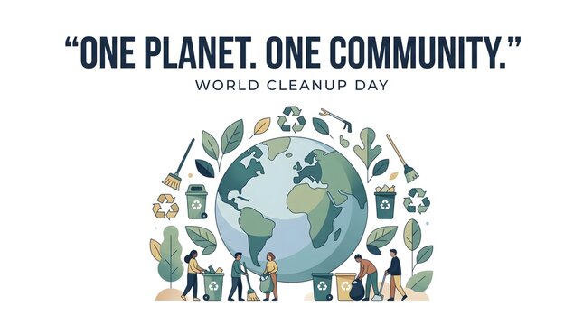 One planet one community world cleanup day showing people and recycling for global environmental care and unity.