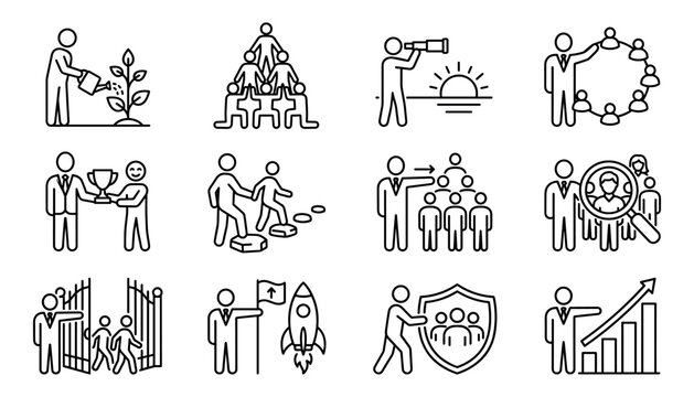 Set of vector outline icons illustrating business management, leadership, teamwork, and growth concepts