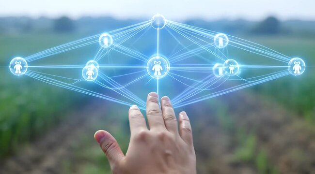 Human connection digital network technology futuristic data link visualization hands connecting people in a virtual space
