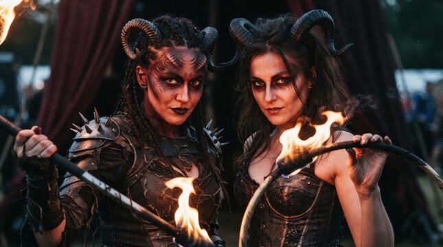 Two women in fantasy demon costumes with horns and fire
