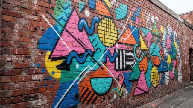Colorful geometric mural painted on a weathered brick wall