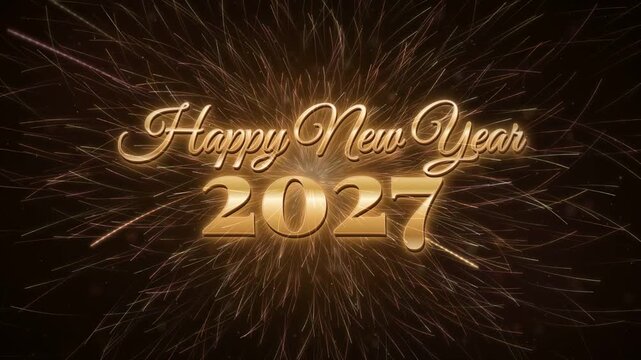 Happy New Year 2027 gold script text glowing over warm sparkler burst on black