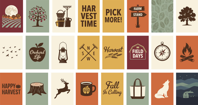 Autumn Farm Icon Card Set With Apple Tree And Deer