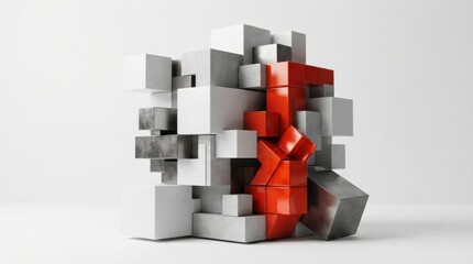 Obraz premium Abstract composition of stacked geometric cubes and blocks in red and grey