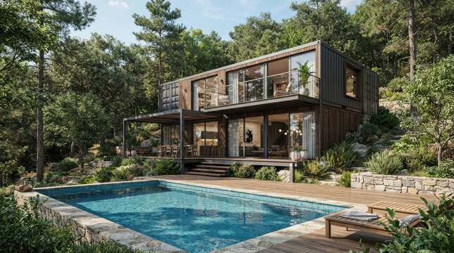 Modern shipping container house with swimming pool in forest