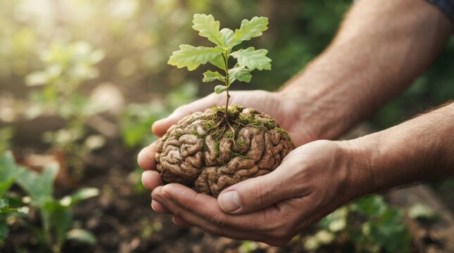 Hands holding human brain shaped like soil with growing oak tree sapling