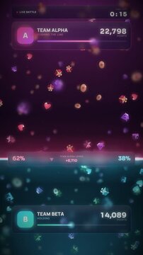 Vertical live stream gift battle interface with two team score bars and floating gifts