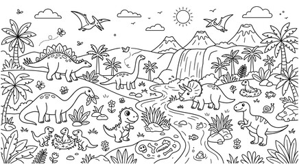 Dinosaur landscape scene with prehistoric forest animals. © Amir