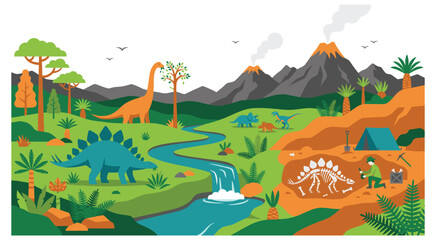 Paleontology site with dinosaurs and fossil explorer man. © Amir