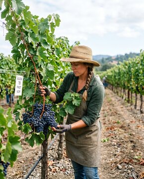 Female vineyard worker harvesting ripe grapes in a vineyard row  
