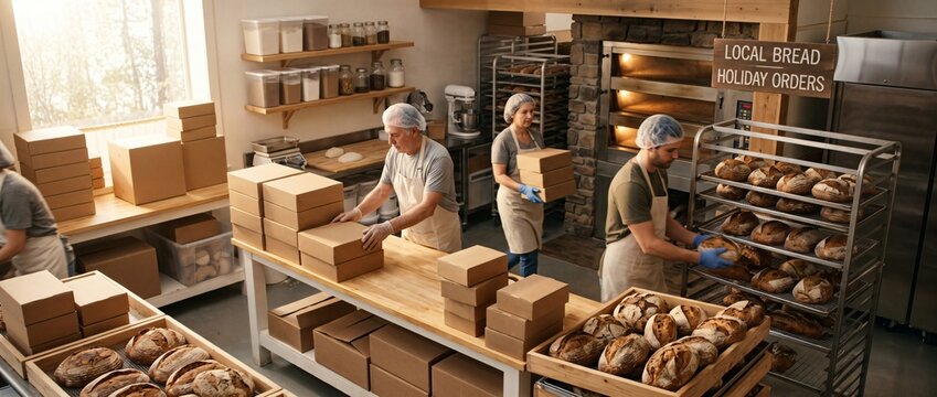 Bakery workers packaging fresh bread loaves for holiday orders