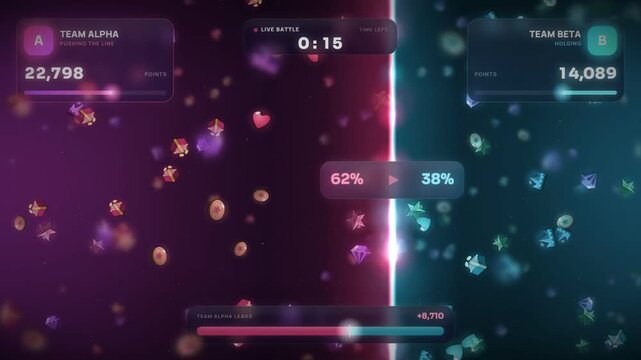 Live stream gift battle screen split left and right with rising team scores and gifts