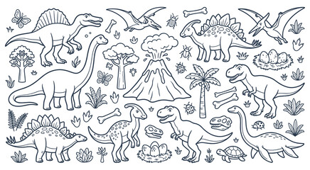 Prehistoric dinosaur set with volcanic eruption sketches. © Amir