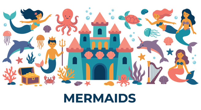 Mermaid kingdom scene with castle and fantasy sea life.