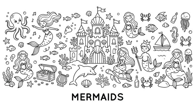 Mermaids coloring page for kids with detailed sea icons.