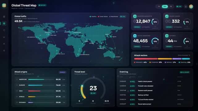 Global threat map dashboard showing worldwide cyber attack origins and risk score