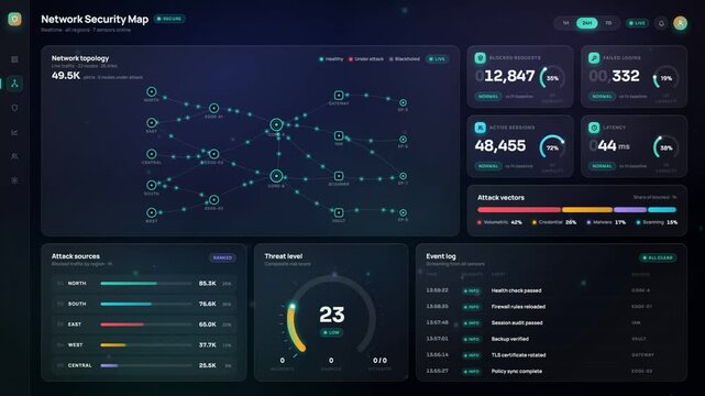 Network topology security dashboard with node graph and rising threat level gauge