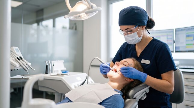 A dentist in a dental clinic is examining a patient while using dental tools. The patient is sitting in a dental chair. The room is bright and has computer screens