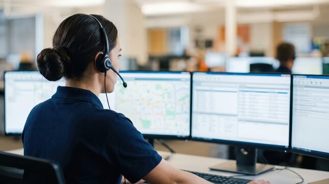 A woman is sitting at a desk in a call center, and focused on computer screens. Female 911 dispatcher in uniform speaking into headset microphone while working at multi monitor dispatch station