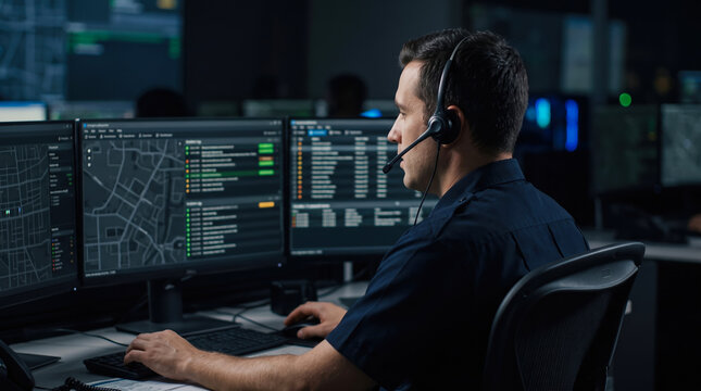 A person is sitting at a desk in a control room. male 911 dispatcher in uniform speaking into headset microphone while working at multi monitor dispatch station