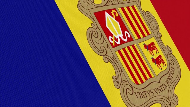 Flag of Andorra waving slowly in the foreground and moving upwards