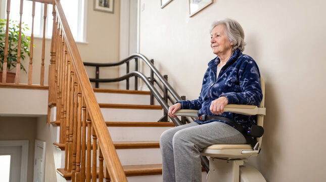 A senior woman sits on a stairlift as it moves up a staircase in her home. The setting shows a simple, comfortable interior with natural light coming from the window