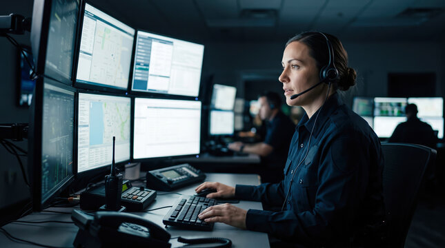 A control room worker sits at a desk surrounded by multiple screens displaying maps. Female 911 dispatcher in uniform speaking into headset microphone while working at multi monitor dispatch station
