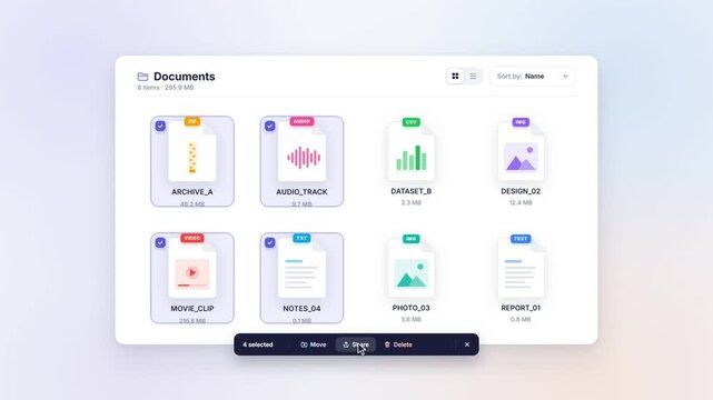Cursor selecting multiple files in a folder window and opening a bulk action bar