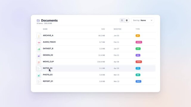 File manager interface animation switching between grid and list view with cursor click