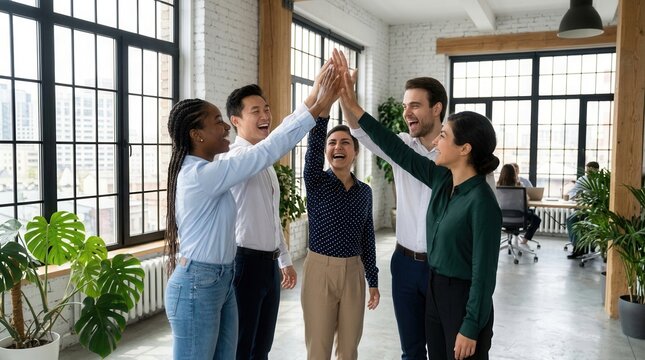 Corporate meeting with overjoyed successful young diverse employees celebrating business achievement and teamwork result through unity