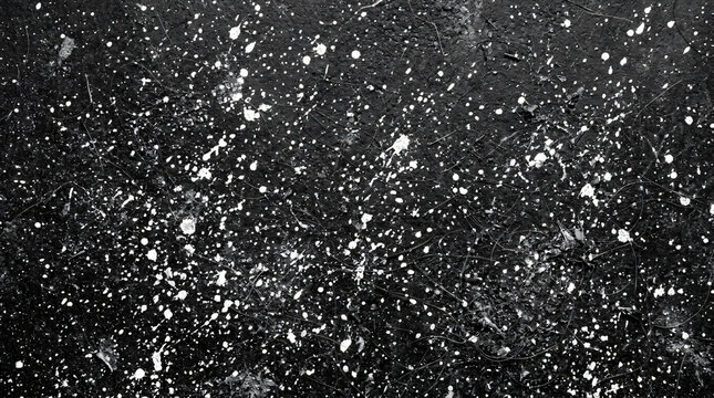 High density full frame top view texture background solid dark black concrete floor surface completely covered multiple chaotic white paint specks fine hair strands micro dust particles