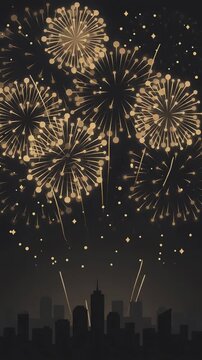 Minimalist golden fireworks over city skyline happy new year animation, ai generated