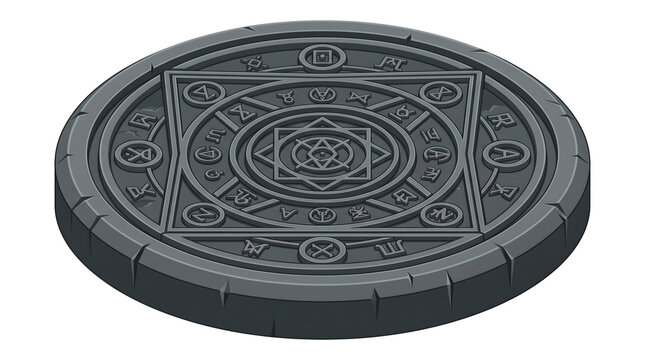 A circular stone plate with intricate geometric patterns and mystical runes, representing a magic circle or seal.