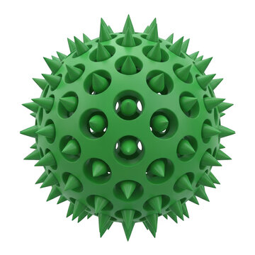 Green geometric sphere with spikes and round holes isolated on transparent background
