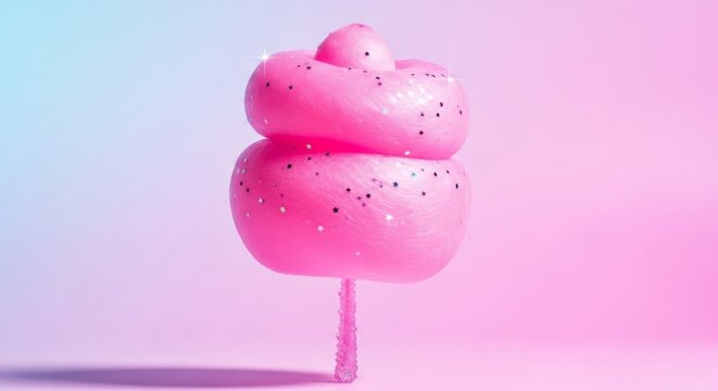 Vibrant pink cotton candy cloud swirls around a glossy crystal sugar stick, accented by tiny edible star glitter under bright studio light, edible, high quality, professional