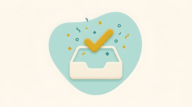 Inbox zero concept with empty tray check mark and confetti celebration