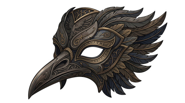 Ornate bird shaped masquerade mask with dark feathers and golden metal accents for party costume use.