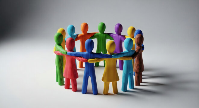 Colorful wooden figurines standing in a circle holding hands representing unity diversity community teamwork and global social collaboration concepts