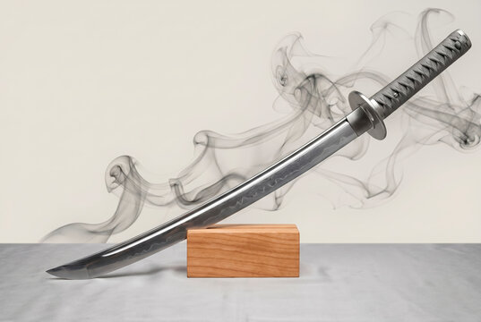Japanese katana sword with rising smoke on white background for Asian martial arts samurai heritage and weapon collection [copy space]