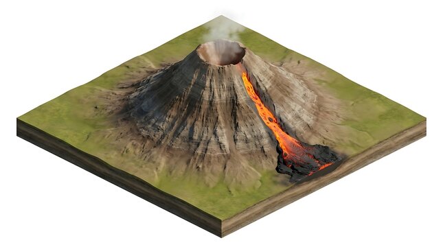 Isometric 3D Section of an Active Volcano with Flowing Lava Isolated on White
