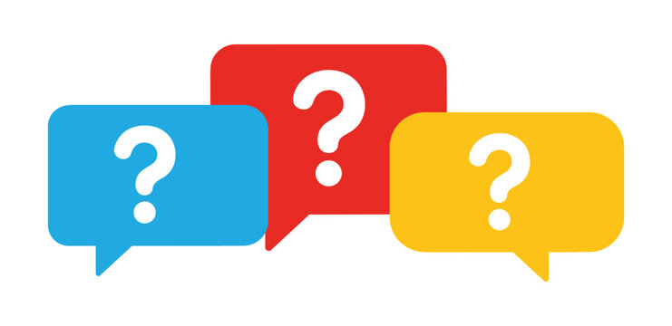 Question Marks in Speech Bubbles: Three colorful speech bubbles, blue, red, and yellow, each contain a white question mark, symbolizing inquiry, confusion, or a need for answers.